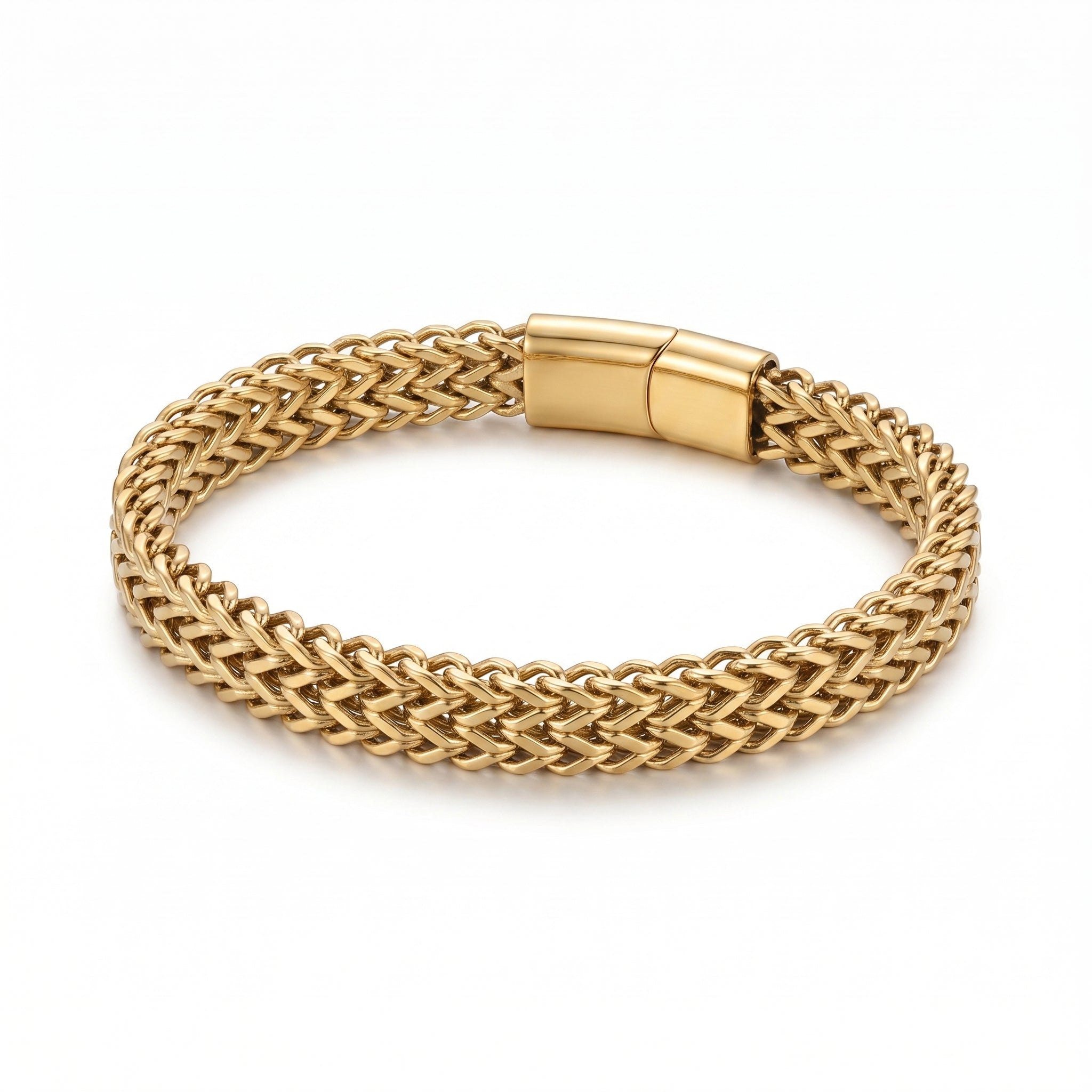 Aurev MEN Gold Plated Stainless Steel Dual Link Chain Bracelet with Magnetic Lock  | Length: 8.5 Inch, Width: 9 mm