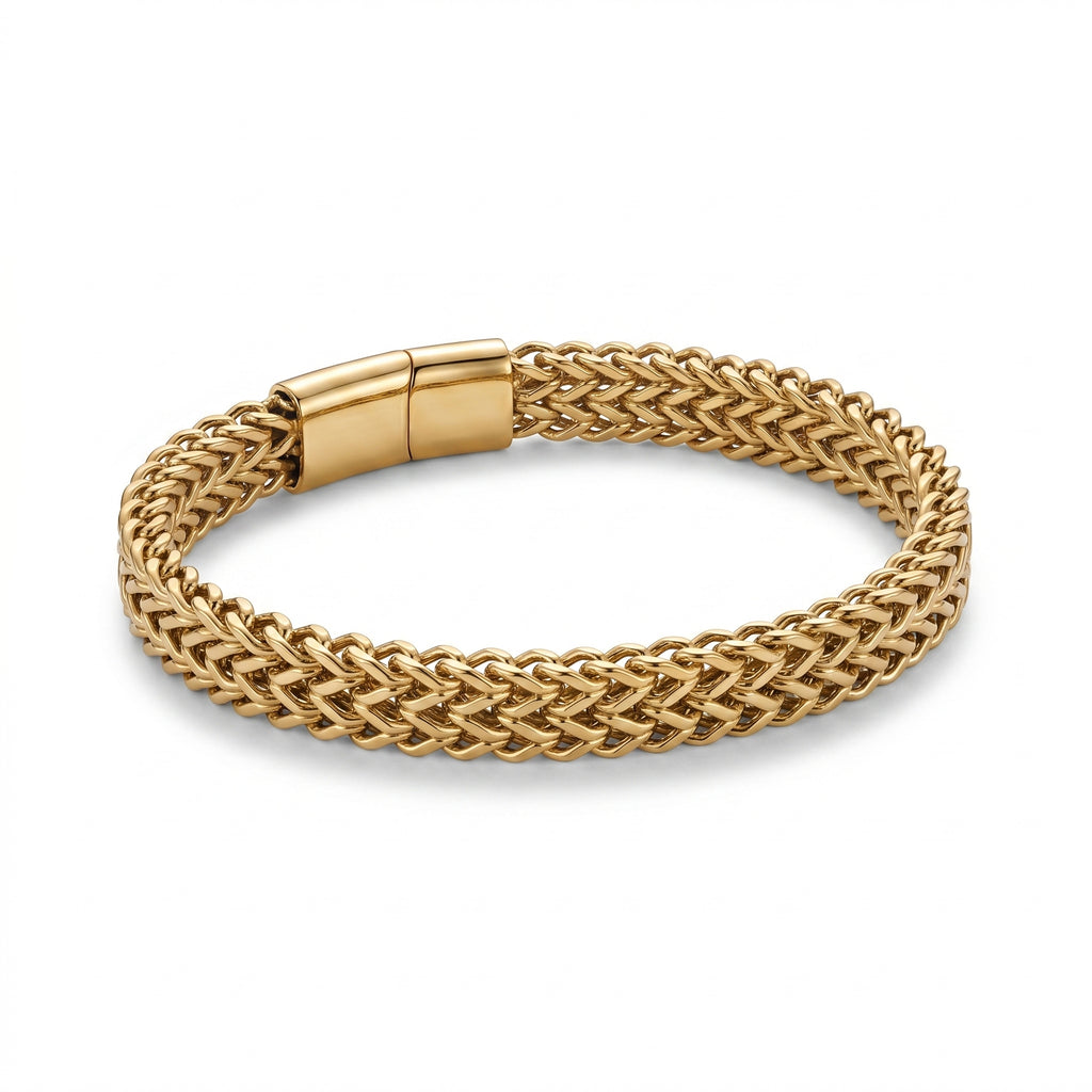 Aurev MEN Gold Plated Stainless Steel Dual Link Chain Bracelet with Magnetic Lock  | Length: 8.5 Inch, Width: 9 mm