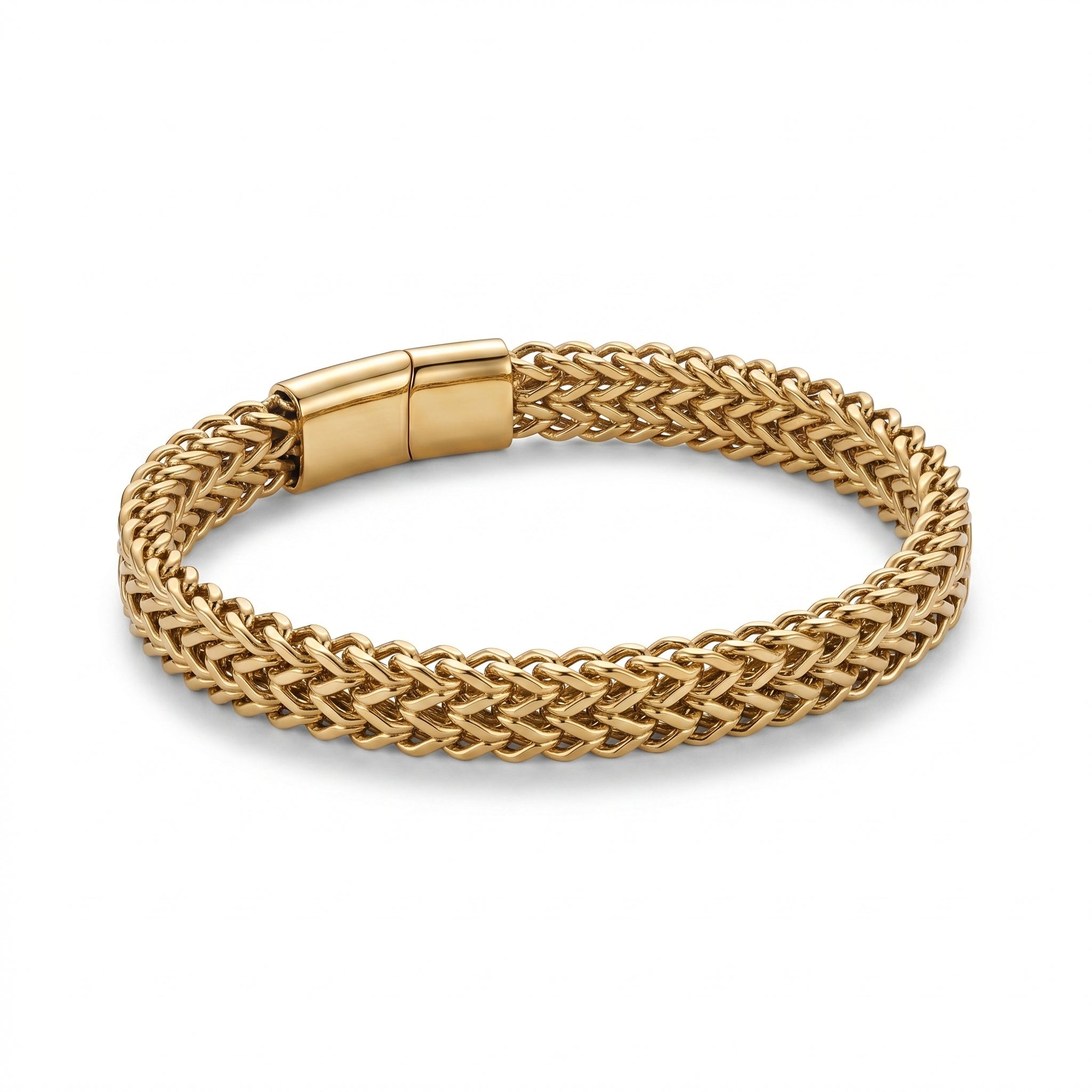 Aurev MEN Gold Plated Stainless Steel Dual Link Chain Bracelet with Magnetic Lock  | Length: 8.5 Inch, Width: 9 mm