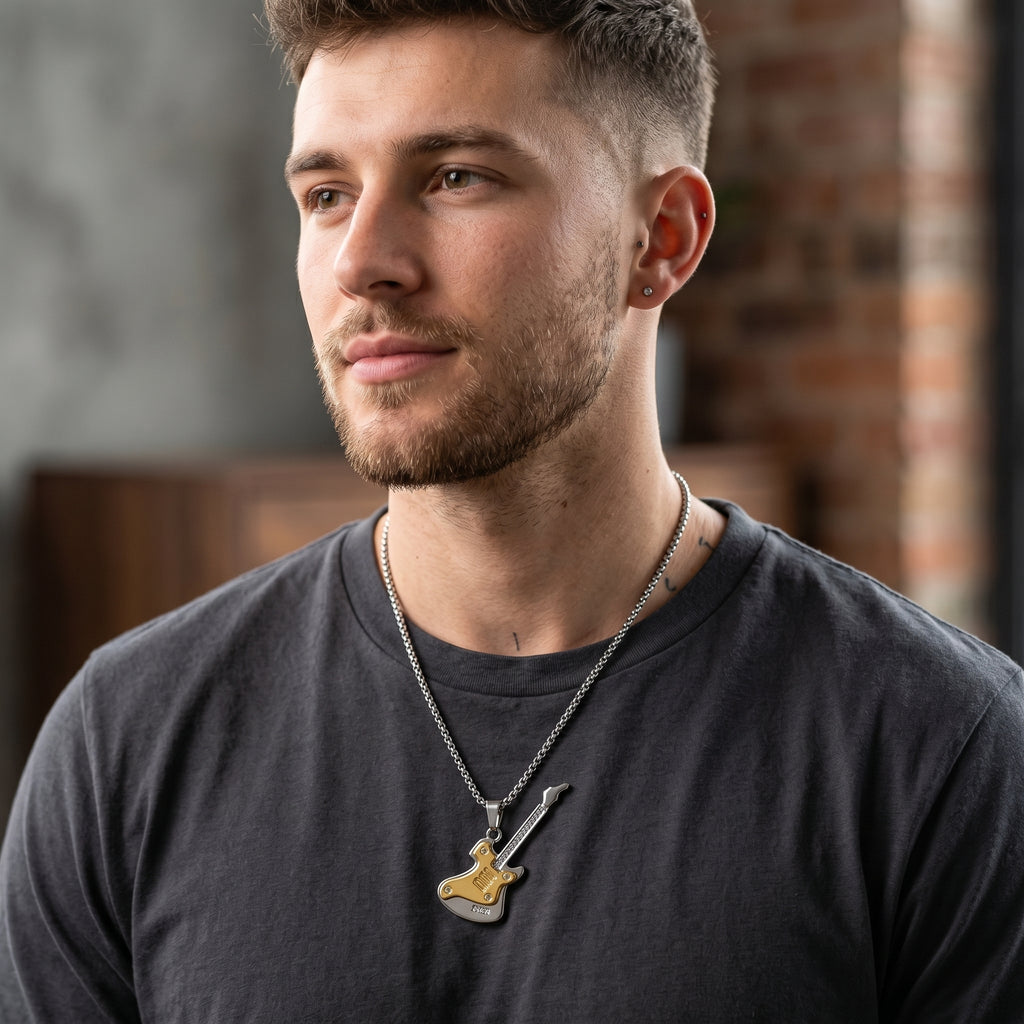 Aurev MEN Premium Guitar Pendant Necklace – Guitar height 2.3 inch | Chain length 24 Inch with Lobster Clasp lock