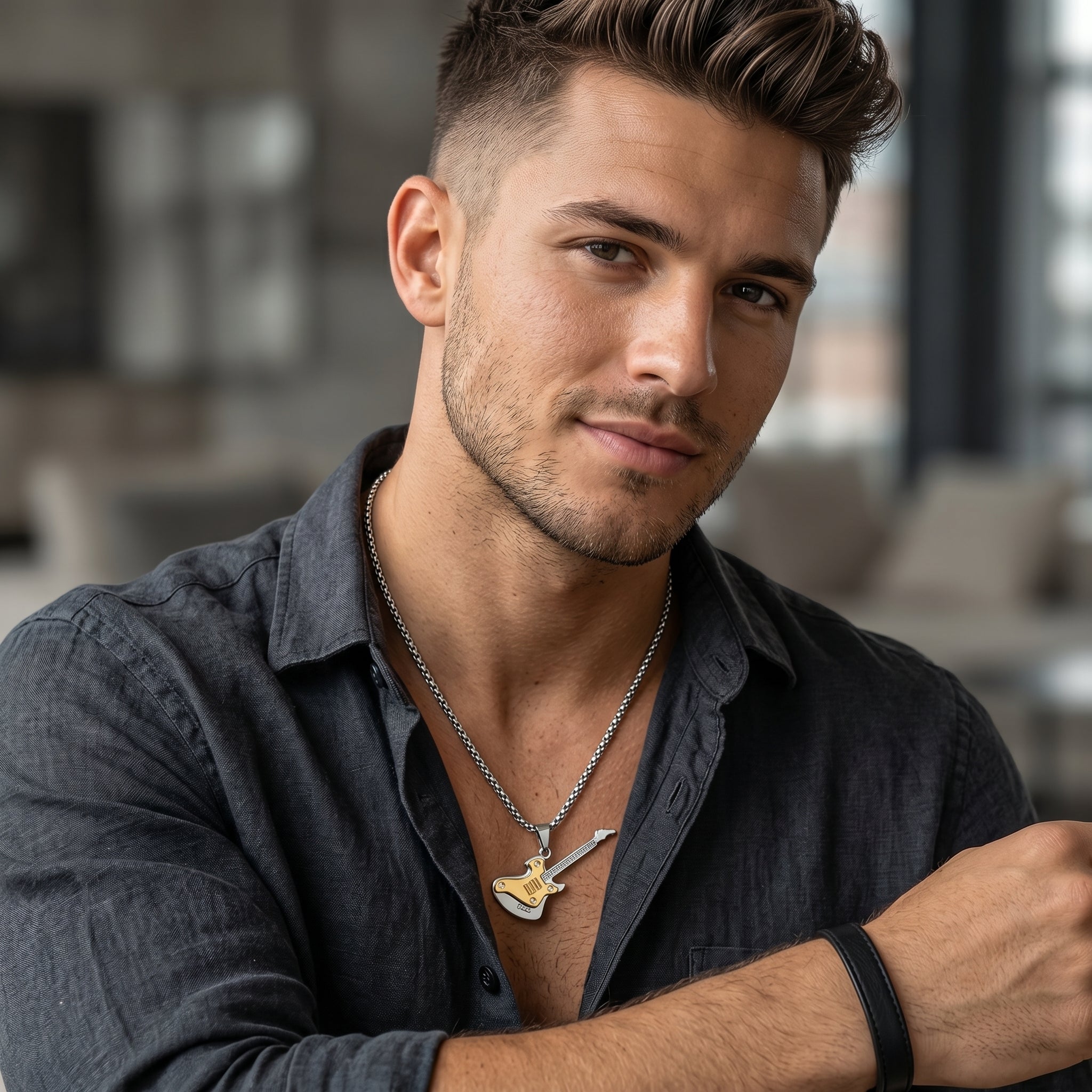 Aurev MEN Premium Guitar Pendant Necklace – Guitar height 2.3 inch | Chain length 24 Inch with Lobster Clasp lock