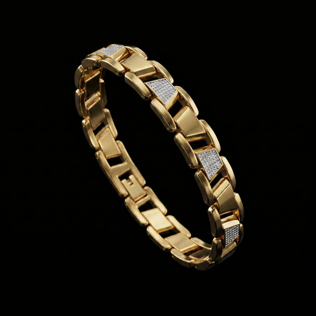 Luxury Gold-Tone with Iced Accent Links Bracelet, Length 8 inch | Width 12 mm | Weight 43 gram