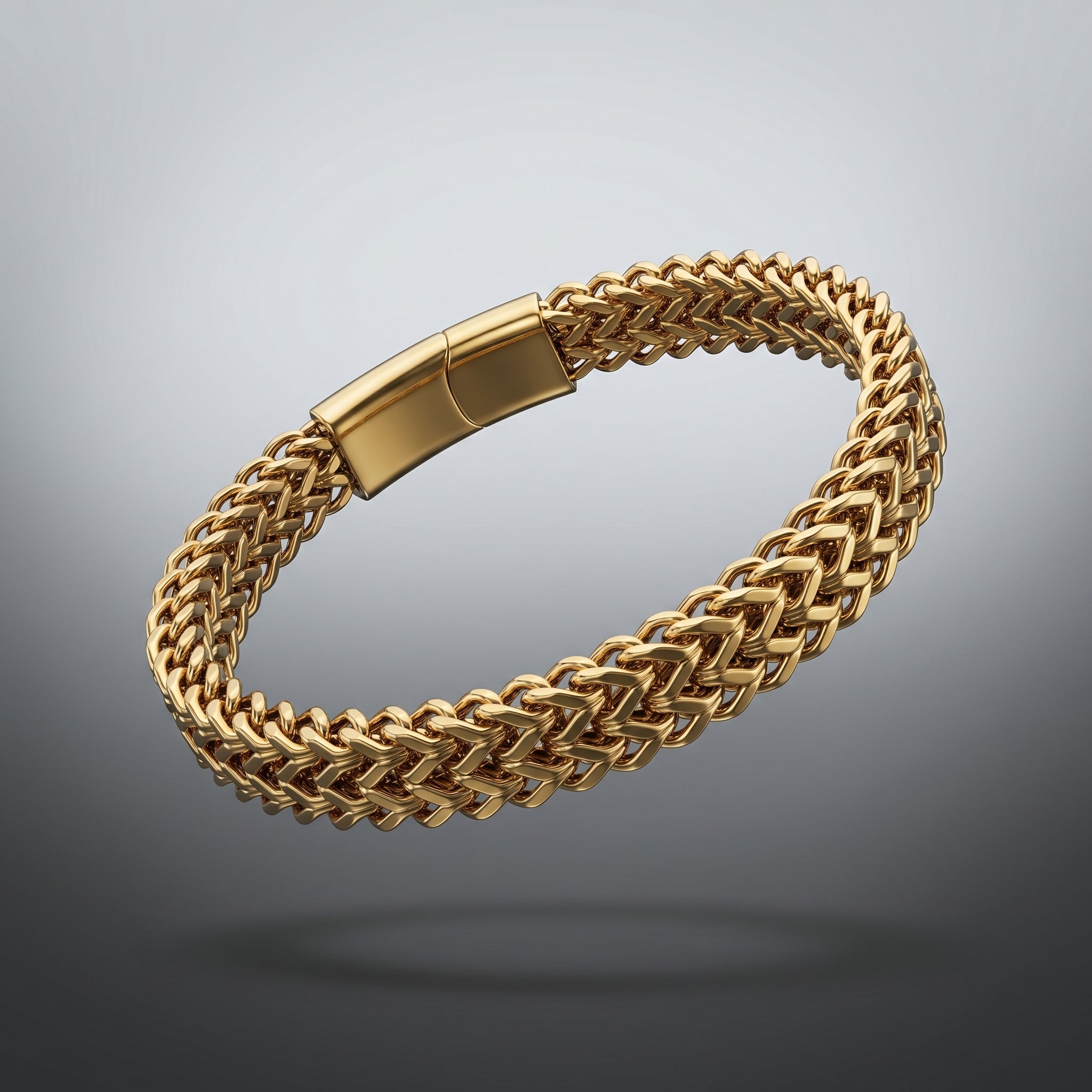 Aurev MEN Gold Plated Stainless Steel Dual Link Chain Bracelet with Magnetic Lock  | Length: 8.5 Inch, Width: 9 mm