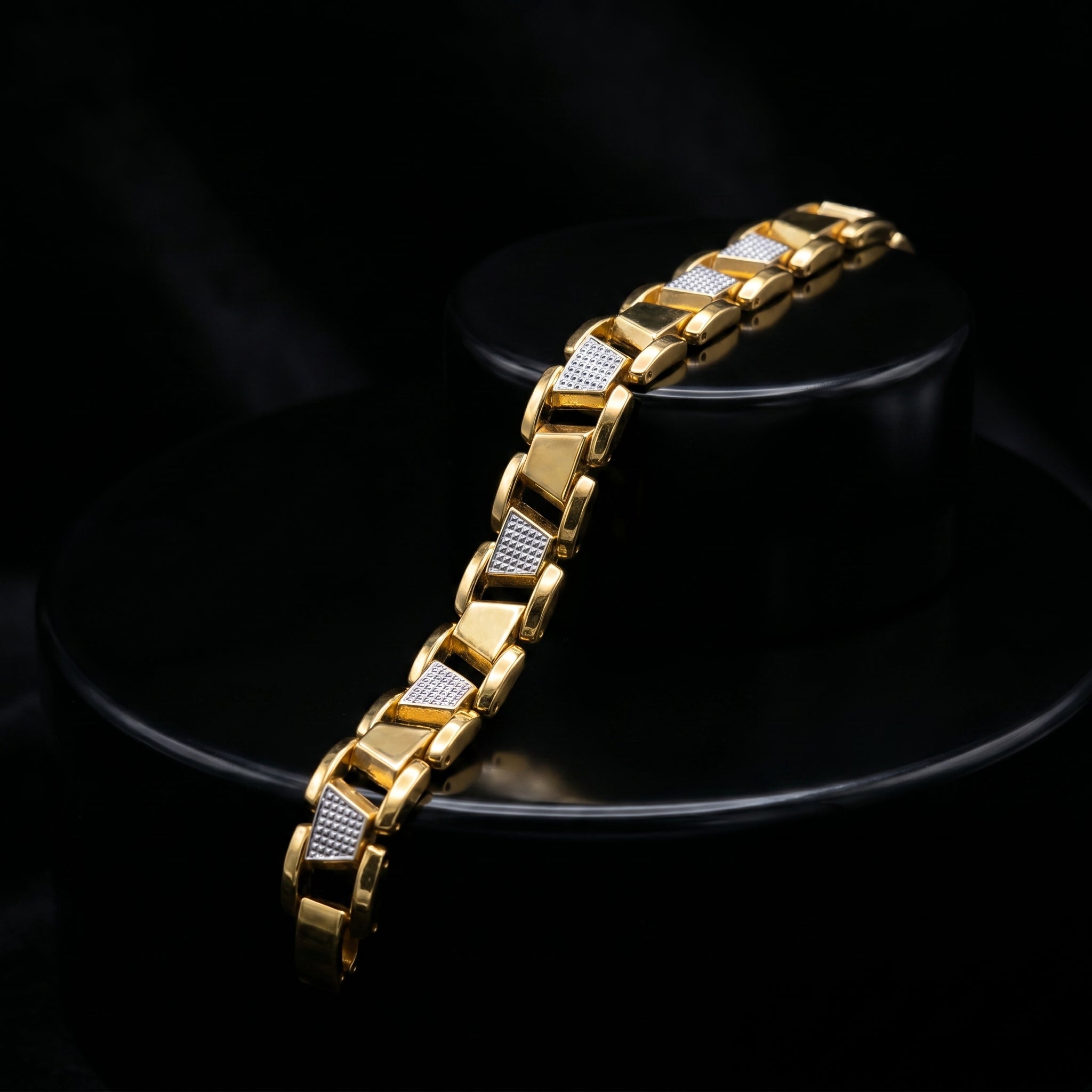 Luxury Gold-Tone with Iced Accent Links Bracelet, Length 8 inch | Width 12 mm | Weight 43 gram