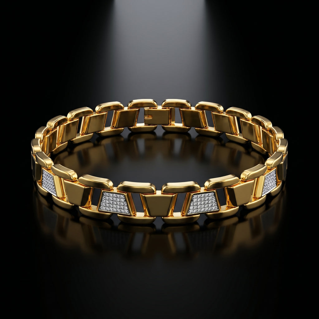 Luxury Gold-Tone with Iced Accent Links Bracelet, Length 8 inch | Width 12 mm | Weight 43 gram
