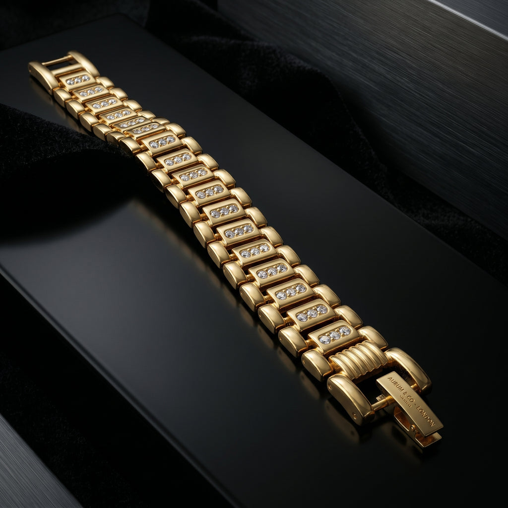 AUREV MEN Luxury Gold-Tone Crystal Link Bracelet for Men | Length 8 inch and Width 12 mm