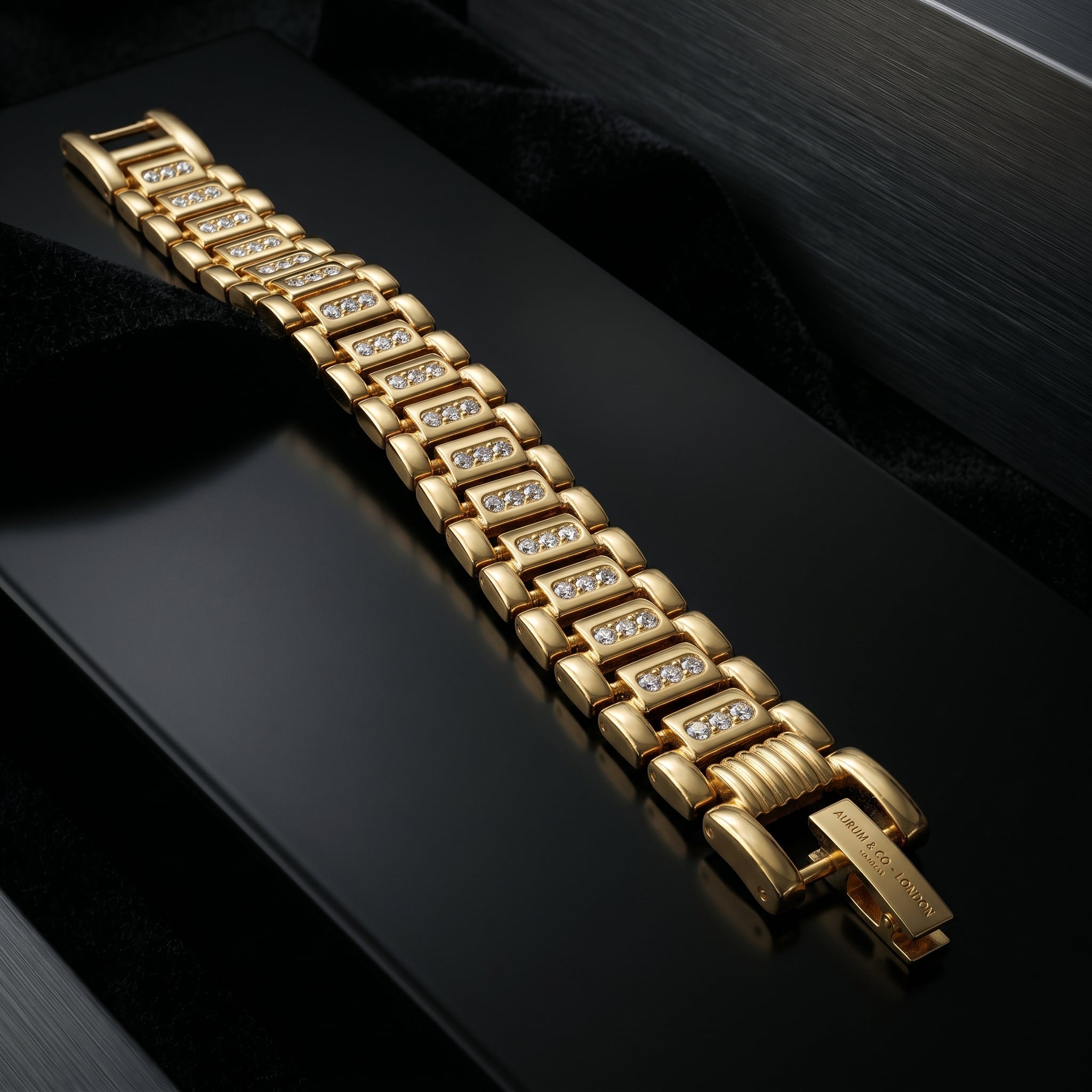 AUREV MEN Luxury Gold-Tone Crystal Link Bracelet for Men | Length 8 inch and Width 12 mm