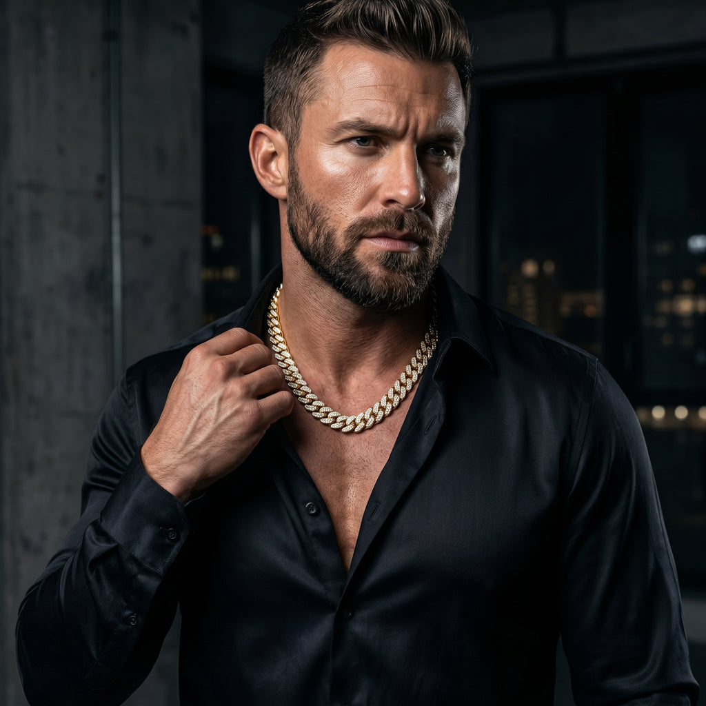 AUREV MEN Iced Cuban Link Necklace – Premium Gold-Plated Statement Chain for Men, Length 20 Inch and width 14 mm