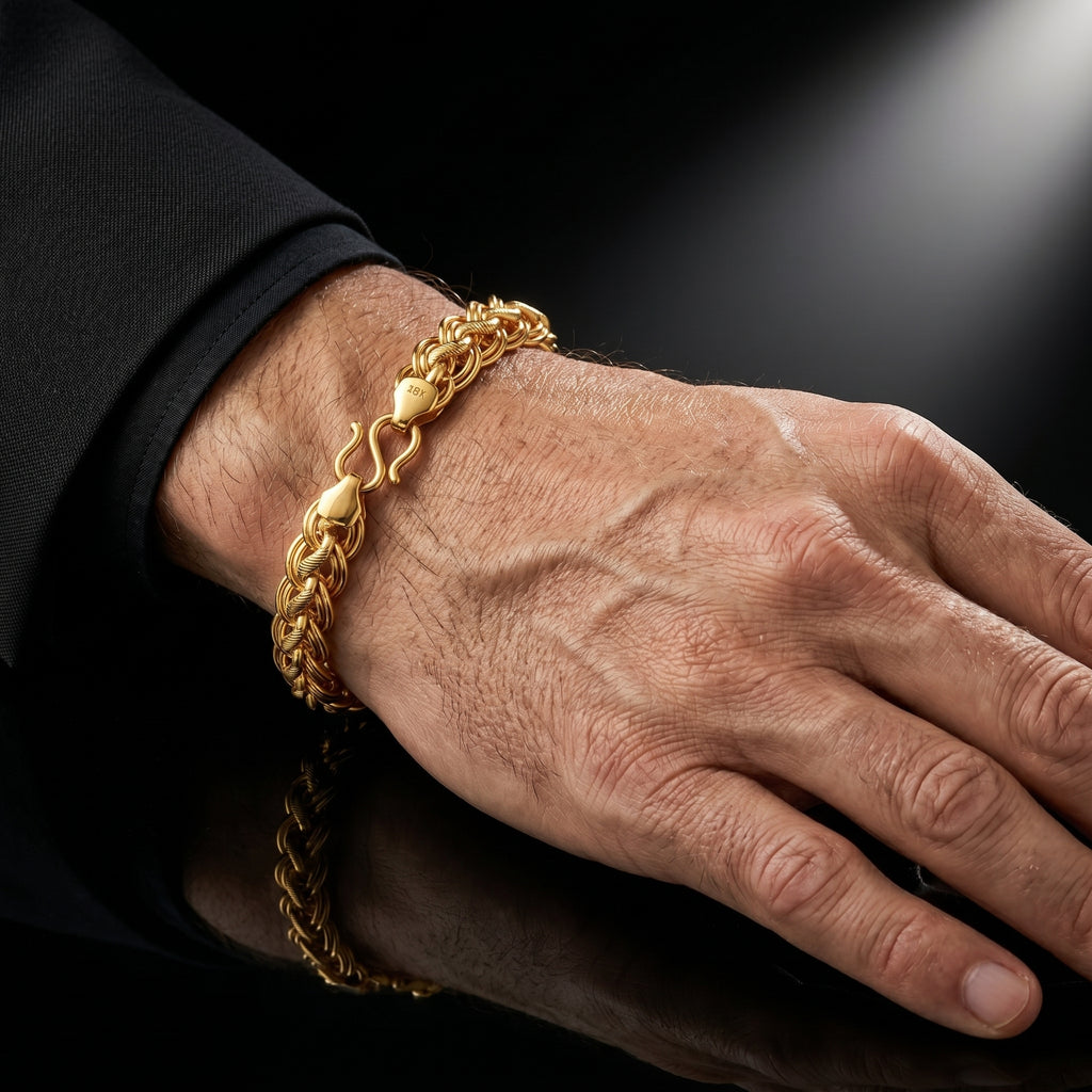 Double Link Pattern , Gold plated Bracelet for Men, 8.5 Inch Length and 12 mm Width