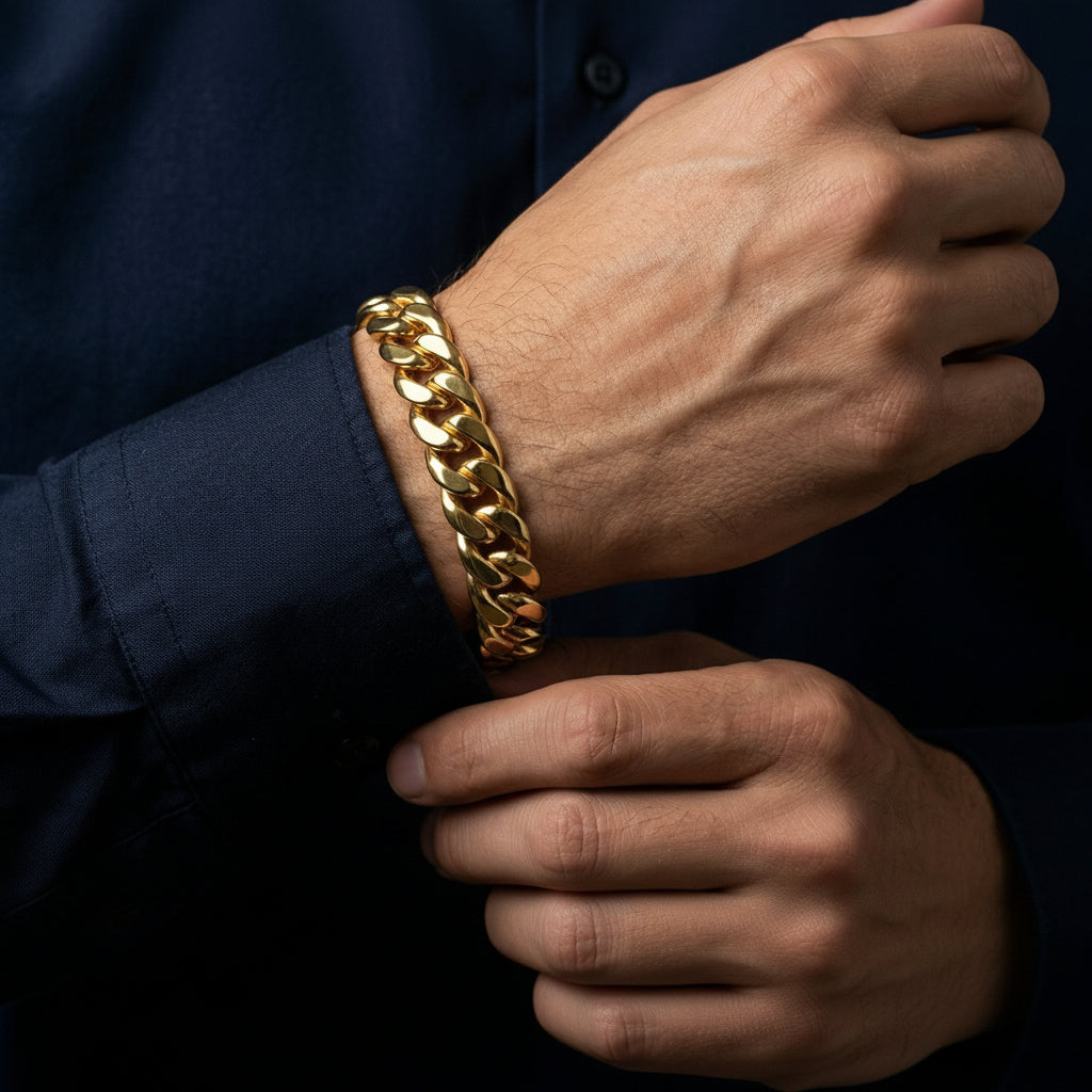 Cuban Chain Bracelet 24k Real Gold Plated, Width 10.5 mm & Length 8.5" Inches.