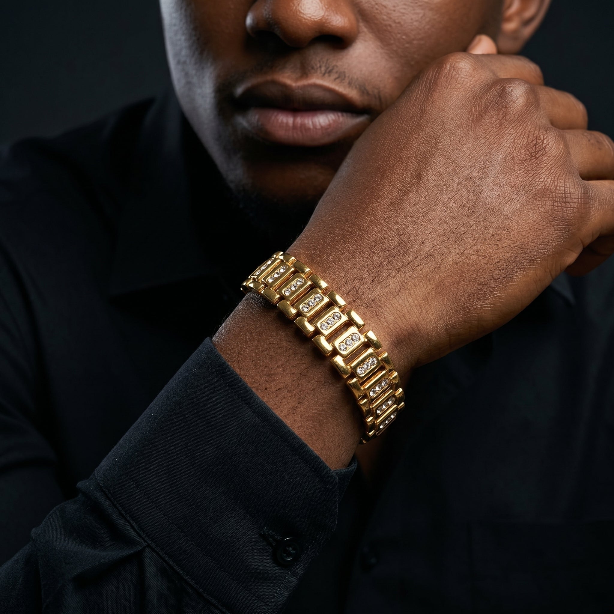 AUREV MEN Luxury Gold-Tone Crystal Link Bracelet for Men | Length 8 inch and Width 12 mm