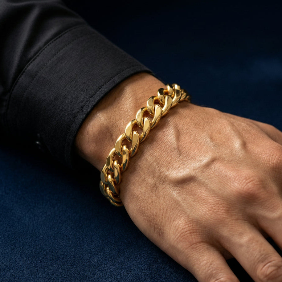 Cuban Chain Bracelet 24k Real Gold Plated, Width 10.5 mm & Length 8.5" Inches.