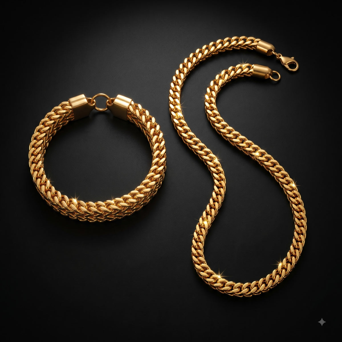 Cuban Link Chain and Weave Gold-Tone Bracelet combo