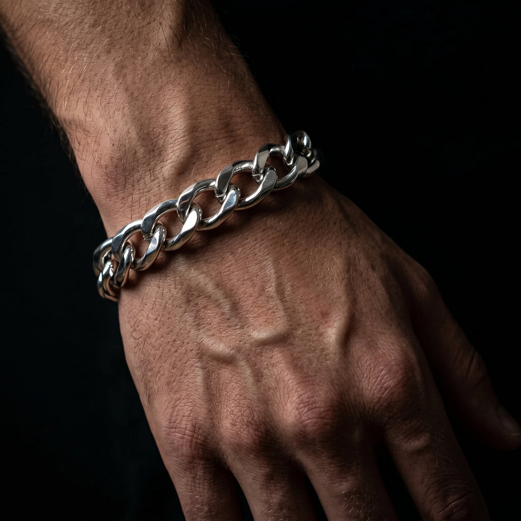 Aurev MEN Stainless Steel Silver Chain Bracelet for Men | 14mm Width | 21.5cm Length | Premium Cuban Link Design