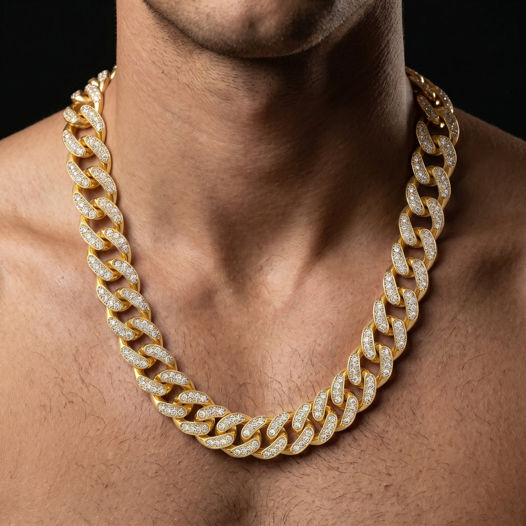 AUREV MEN Iced Cuban Link Necklace – Premium Gold-Plated Statement Chain for Men, Length 20 Inch and width 14 mm