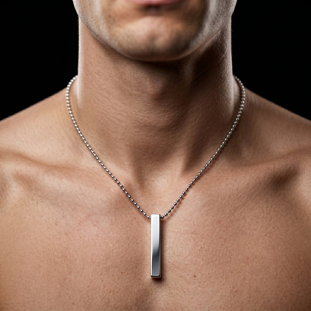 Men’s Silver Bar Pendant Necklace | Minimalist Rectangular Design | Stainless Steel Chain | Premium Polished Finish | Daily Wear Fashion Jewelry