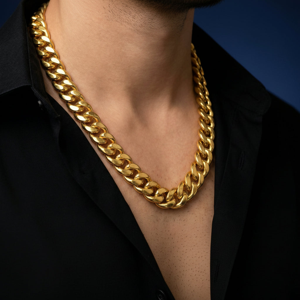 Aurev Men's Gold Plated Cuban Chain Necklace, Width 12 mm | Length 20 inch | Weight 107 gram