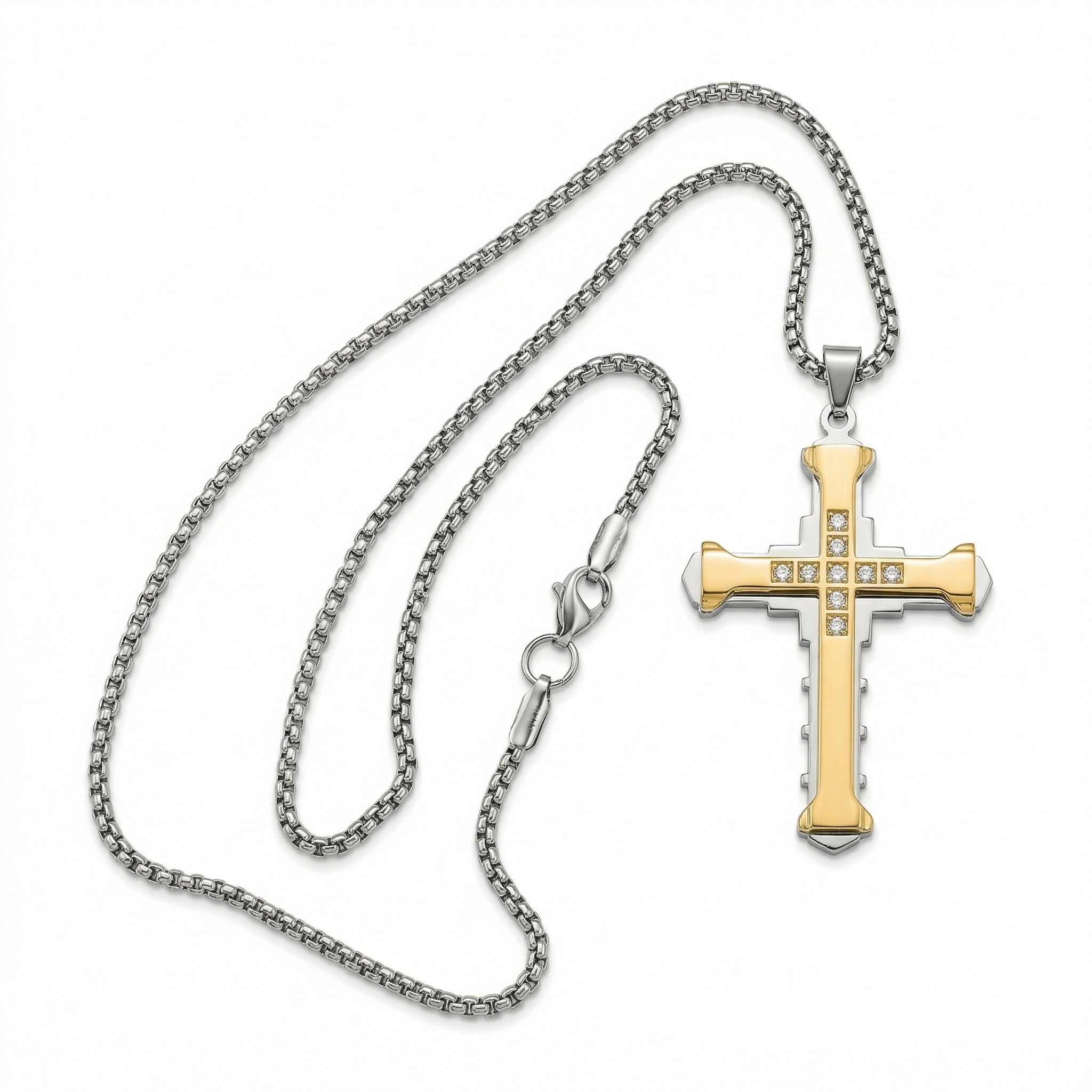 Men’s Cross Pendant Necklace with Chain | Two Tone Gold & Silver Stainless Steel Christian Cross Pendant | Stone Studded Religious Necklace for Men & Boys