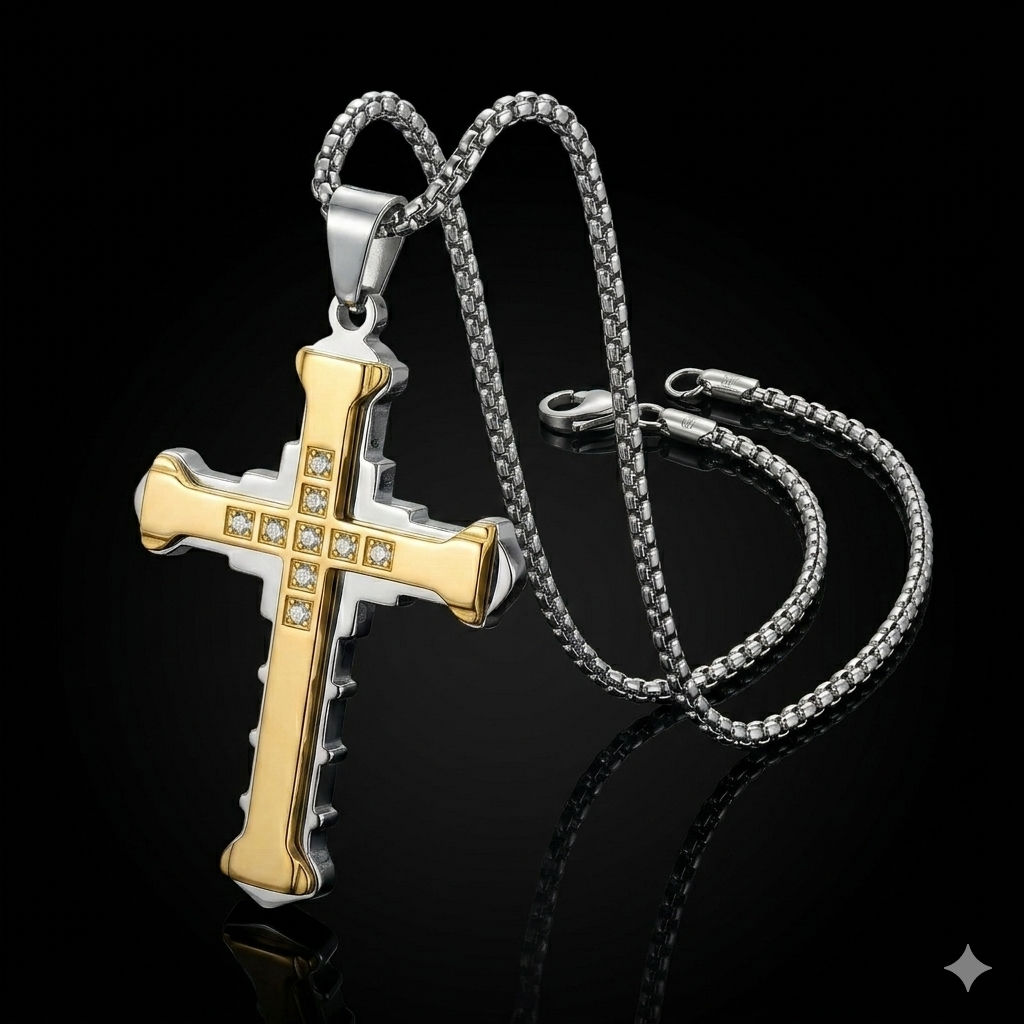 Men’s Cross Pendant Necklace with Chain | Two Tone Gold & Silver Stainless Steel Christian Cross Pendant | Stone Studded Religious Necklace for Men & Boys