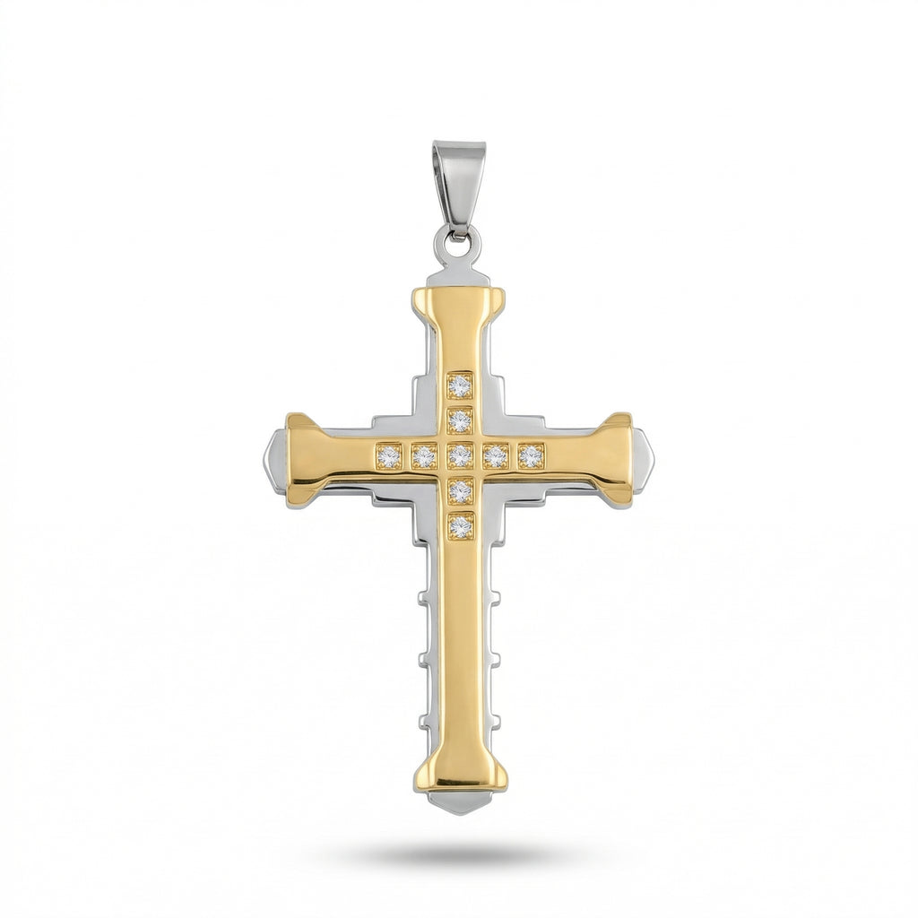 Men’s Cross Pendant Necklace with Chain | Two Tone Gold & Silver Stainless Steel Christian Cross Pendant | Stone Studded Religious Necklace for Men & Boys