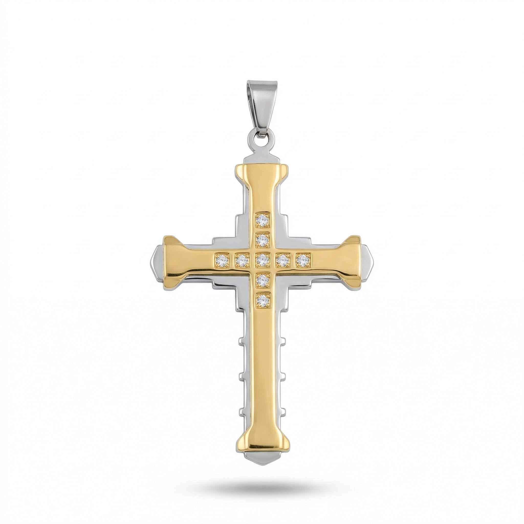 Men’s Cross Pendant Necklace with Chain | Two Tone Gold & Silver Stainless Steel Christian Cross Pendant | Stone Studded Religious Necklace for Men & Boys