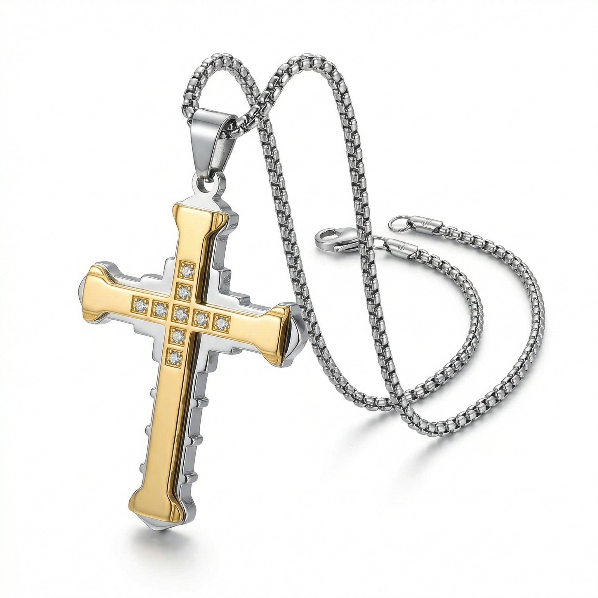 Men’s Cross Pendant Necklace with Chain | Two Tone Gold & Silver Stainless Steel Christian Cross Pendant | Stone Studded Religious Necklace for Men & Boys