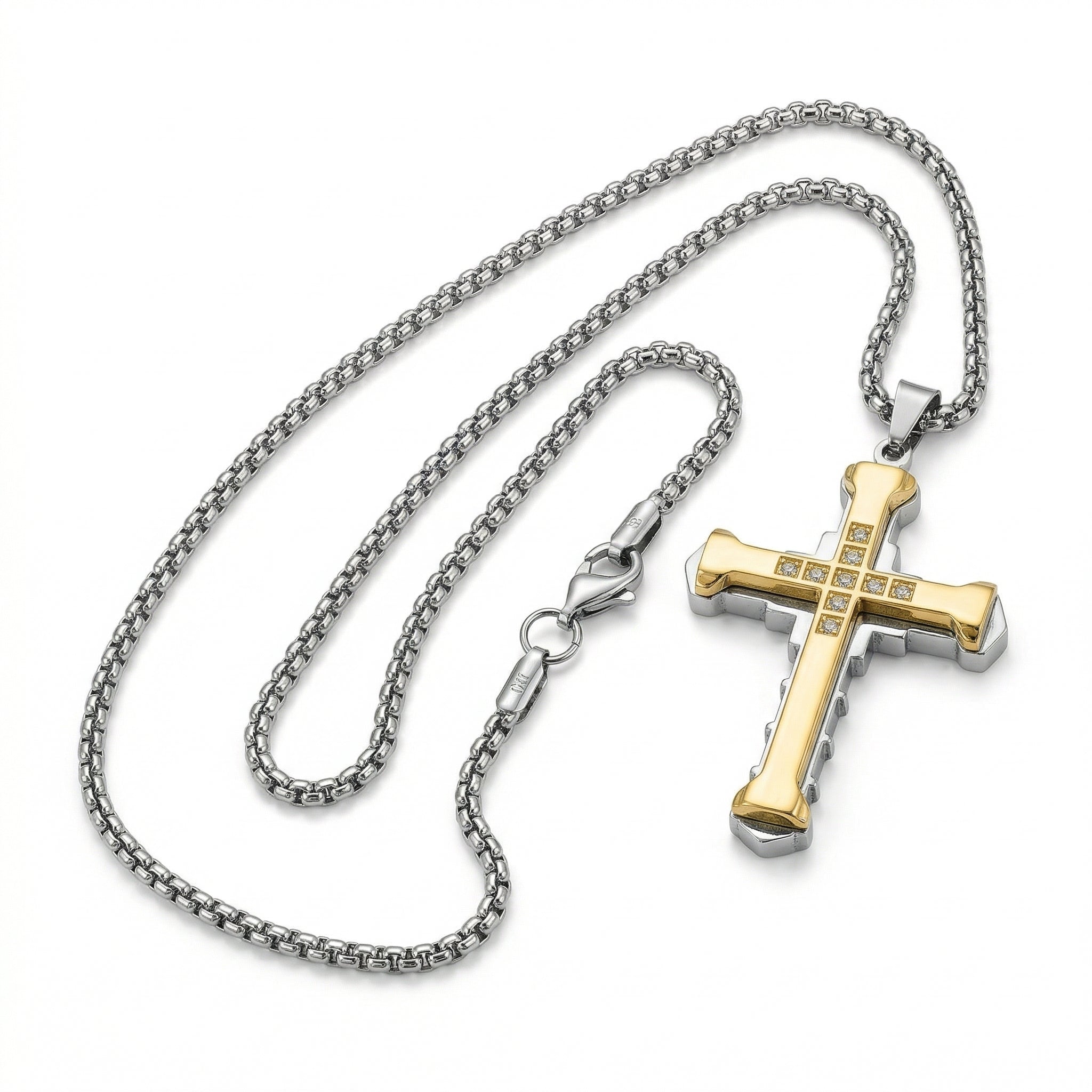 Men’s Cross Pendant Necklace with Chain | Two Tone Gold & Silver Stainless Steel Christian Cross Pendant | Stone Studded Religious Necklace for Men & Boys