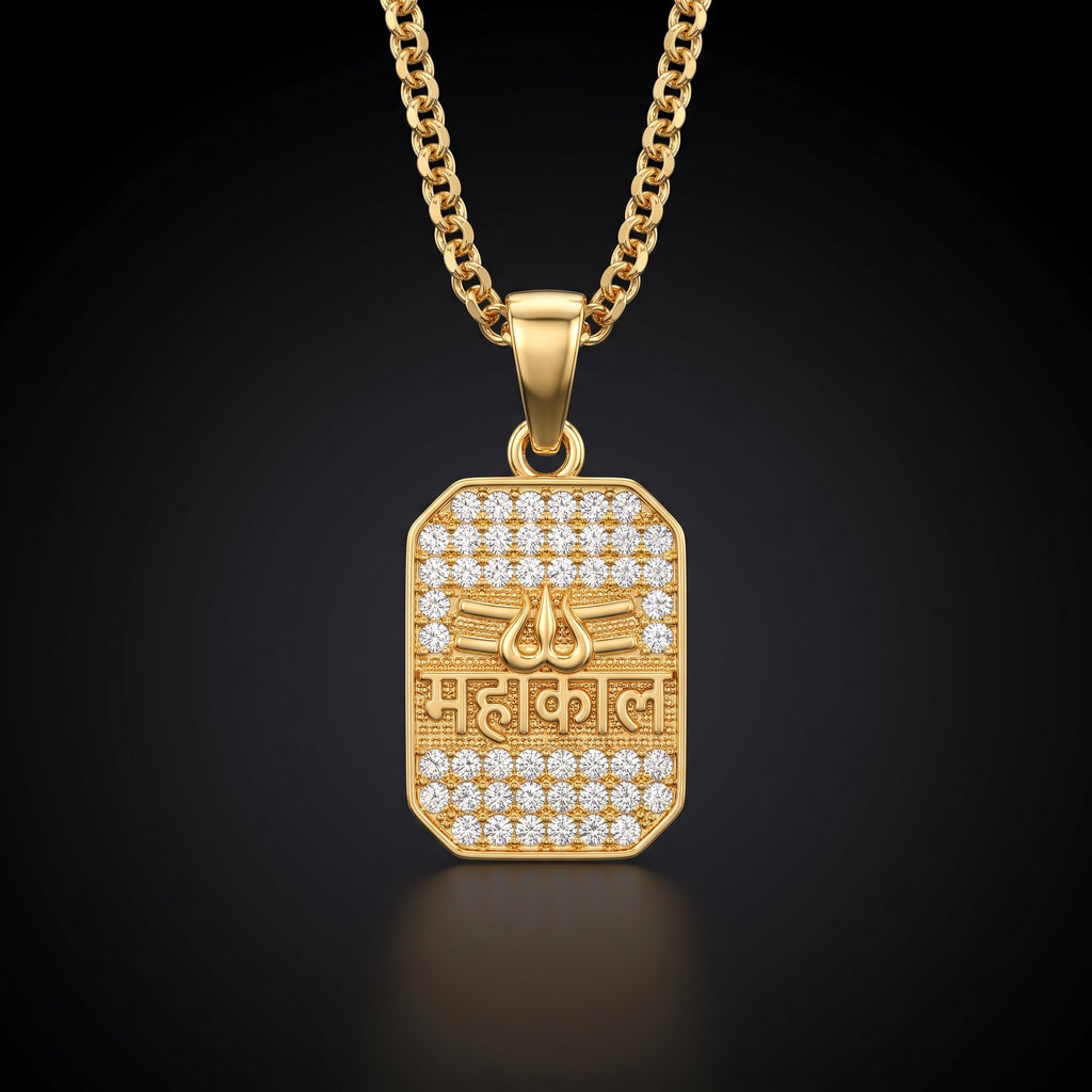 AUREV MEN Mahakal Gold-Plated Pendant with Premium Chain | Religious Trishul Design | Cubic Zirconia Studded | Stainless Steel
