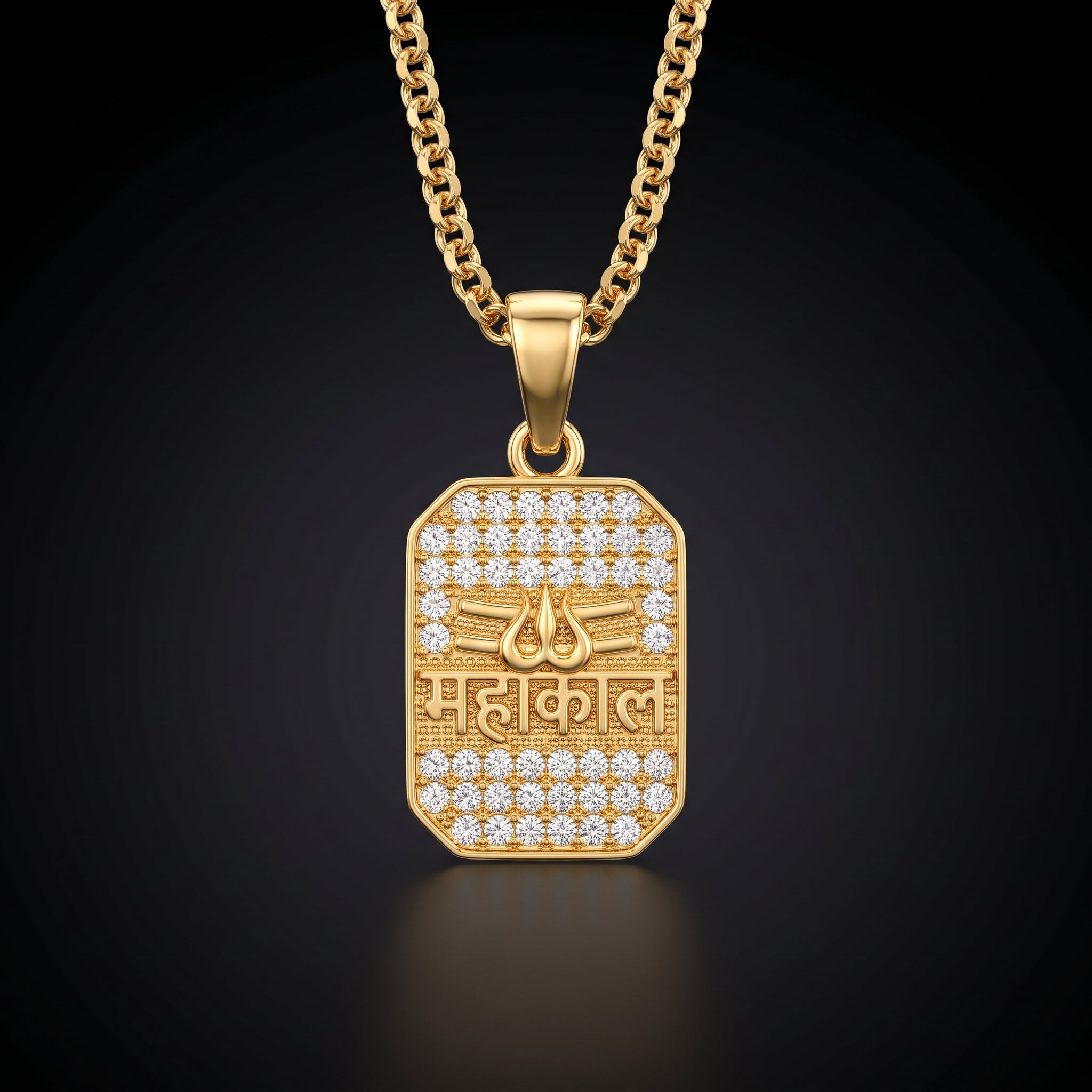 AUREV MEN Mahakal Gold-Plated Pendant with Premium Chain | Religious Trishul Design | Cubic Zirconia Studded | Stainless Steel
