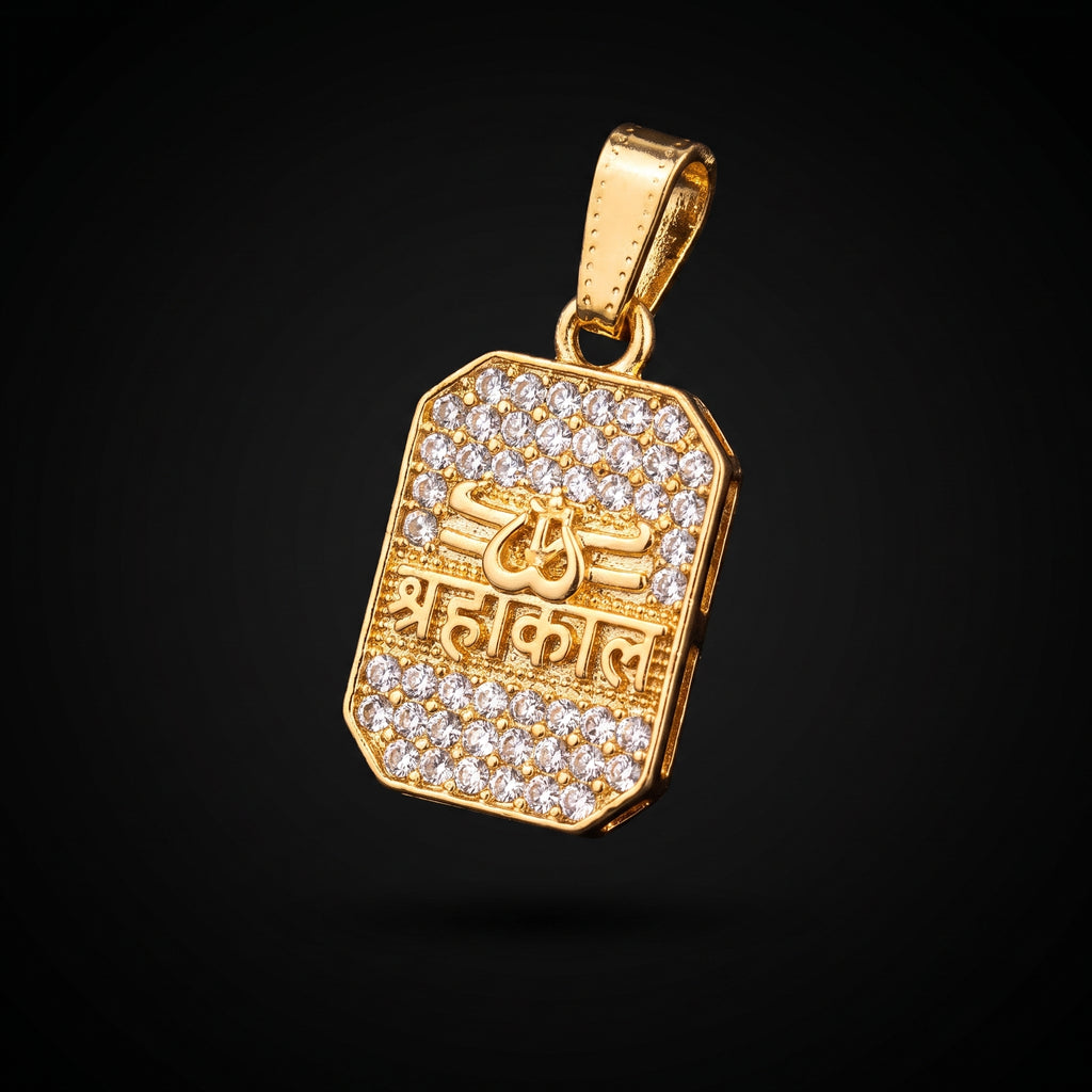 AUREV MEN Mahakal Gold-Plated Pendant with Premium Chain | Religious Trishul Design | Cubic Zirconia Studded | Stainless Steel