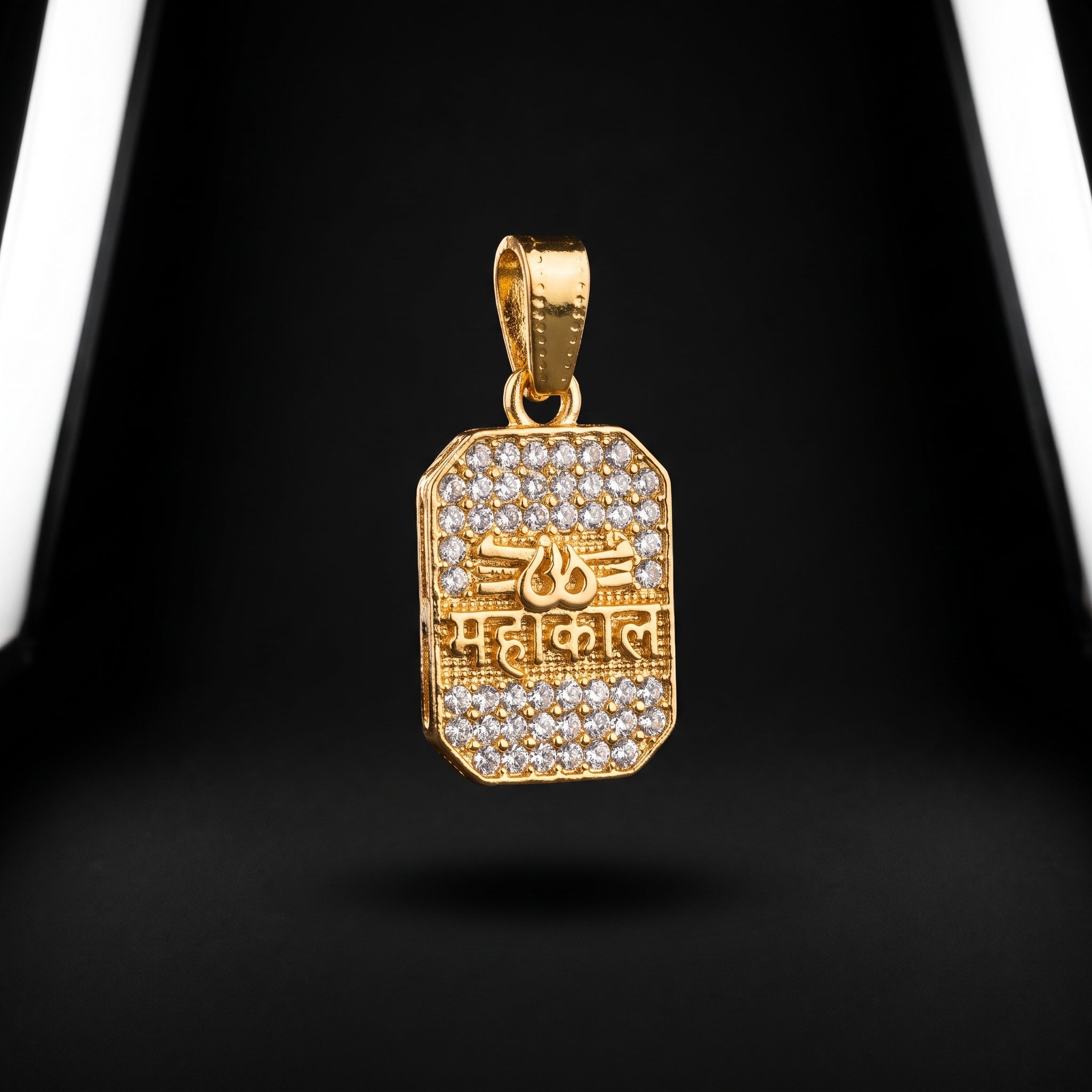 AUREV MEN Mahakal Gold-Plated Pendant with Premium Chain | Religious Trishul Design | Cubic Zirconia Studded | Stainless Steel