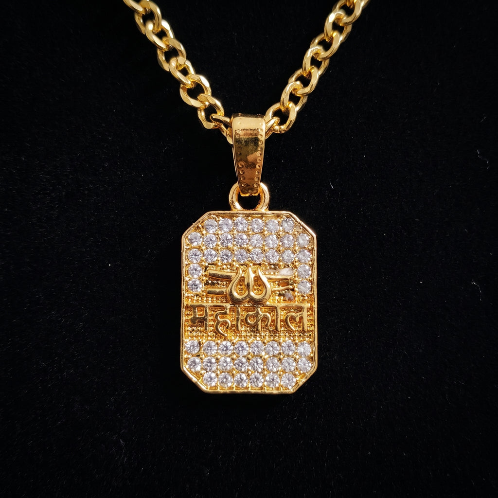 AUREV MEN Mahakal Gold-Plated Pendant with Premium Chain | Religious Trishul Design | Cubic Zirconia Studded | Stainless Steel