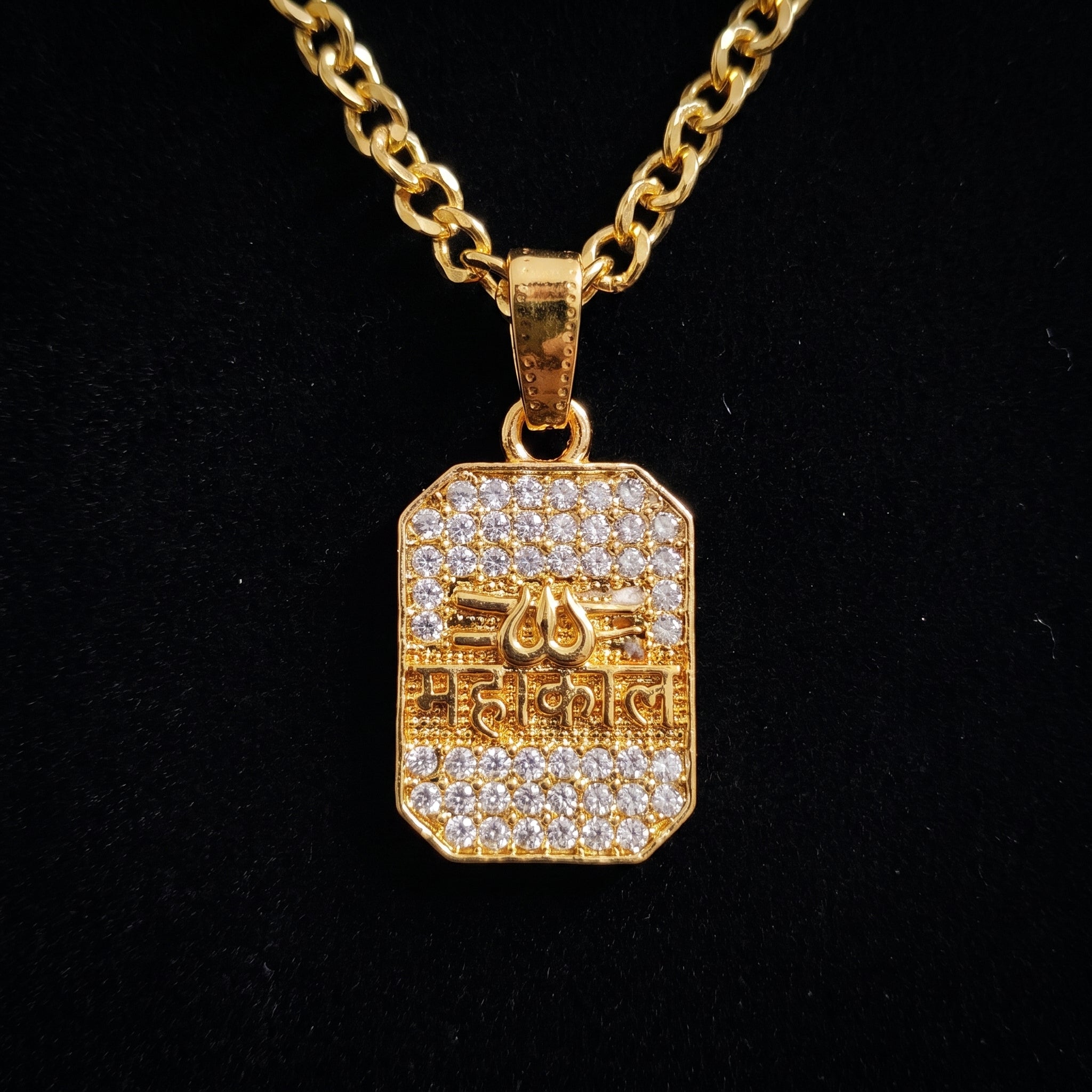 AUREV MEN Mahakal Gold-Plated Pendant with Premium Chain | Religious Trishul Design | Cubic Zirconia Studded | Stainless Steel
