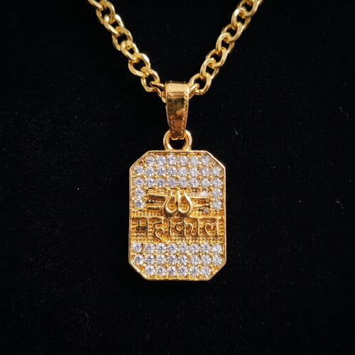 AUREV MEN Mahakal Gold-Plated Pendant with Premium Chain | Religious Trishul Design | Cubic Zirconia Studded | Stainless Steel