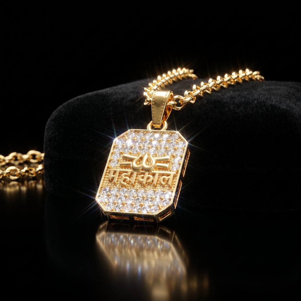 AUREV MEN Mahakal Gold-Plated Pendant with Premium Chain | Religious Trishul Design | Cubic Zirconia Studded | Stainless Steel