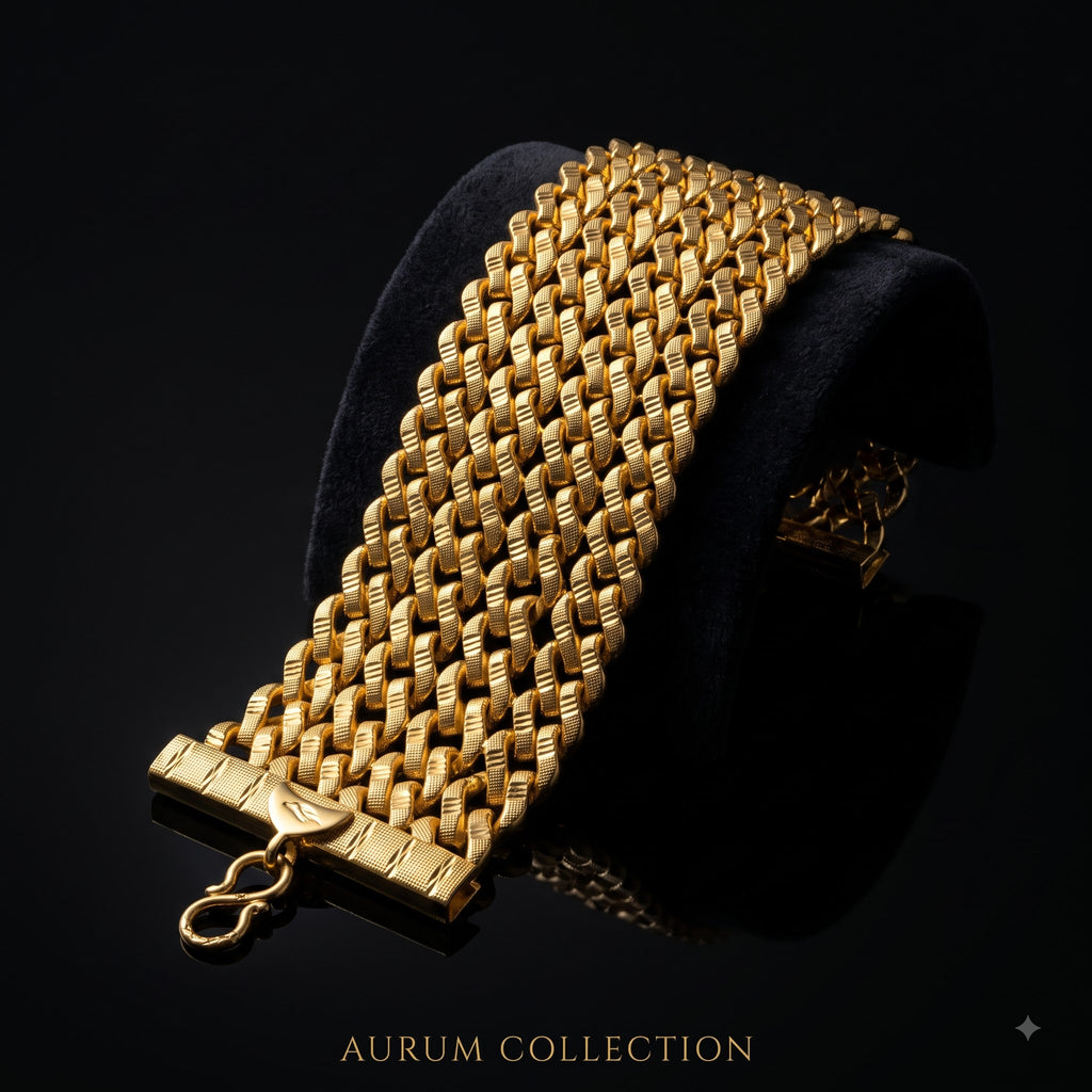 Royal Gold-Plated Wide Mesh Link Cuff Bracelet | Length 8 Inch | Width 6.8 cm | Weight 54 Gram
