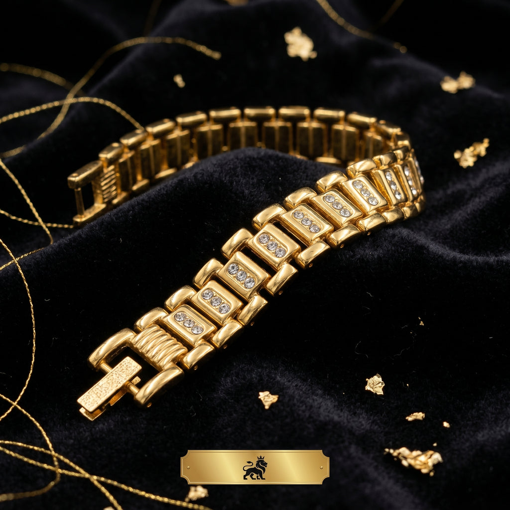 AUREV MEN Luxury Gold-Tone Crystal Link Bracelet for Men | Length 8 inch and Width 12 mm