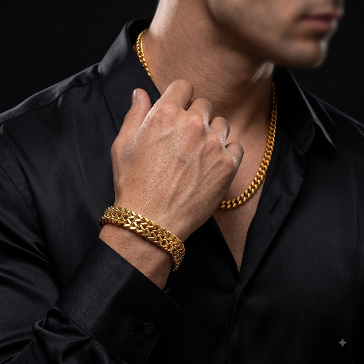 Cuban Link Chain and Weave Gold-Tone Bracelet combo
