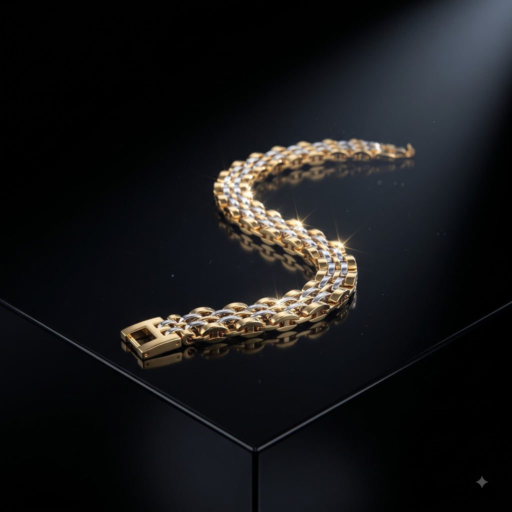 Two-Tone Gold & Silver Link Bracelet for Men | Length 8.5 Inch | Width 12mm | Weight 43 Gram