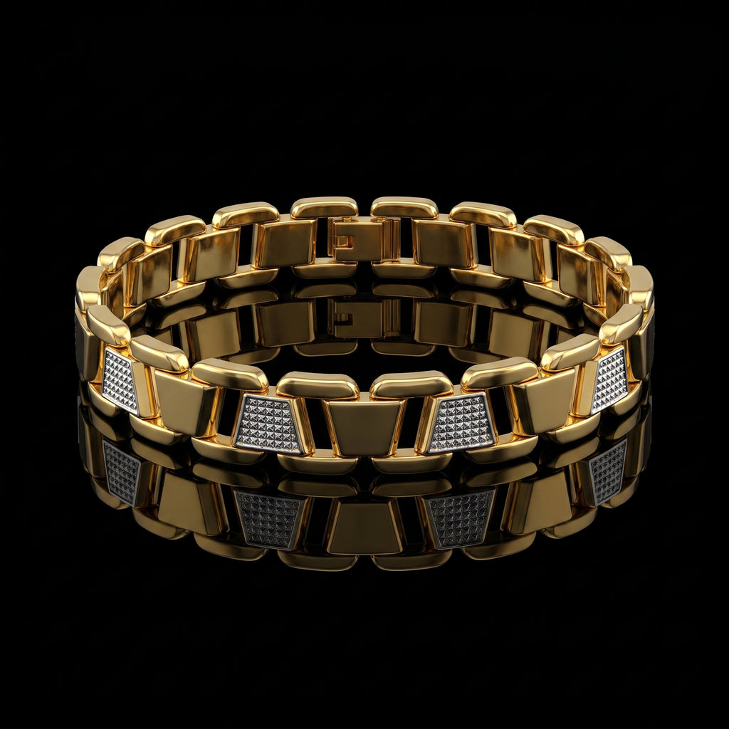 Luxury Gold-Tone with Iced Accent Links Bracelet, Length 8 inch | Width 12 mm | Weight 43 gram