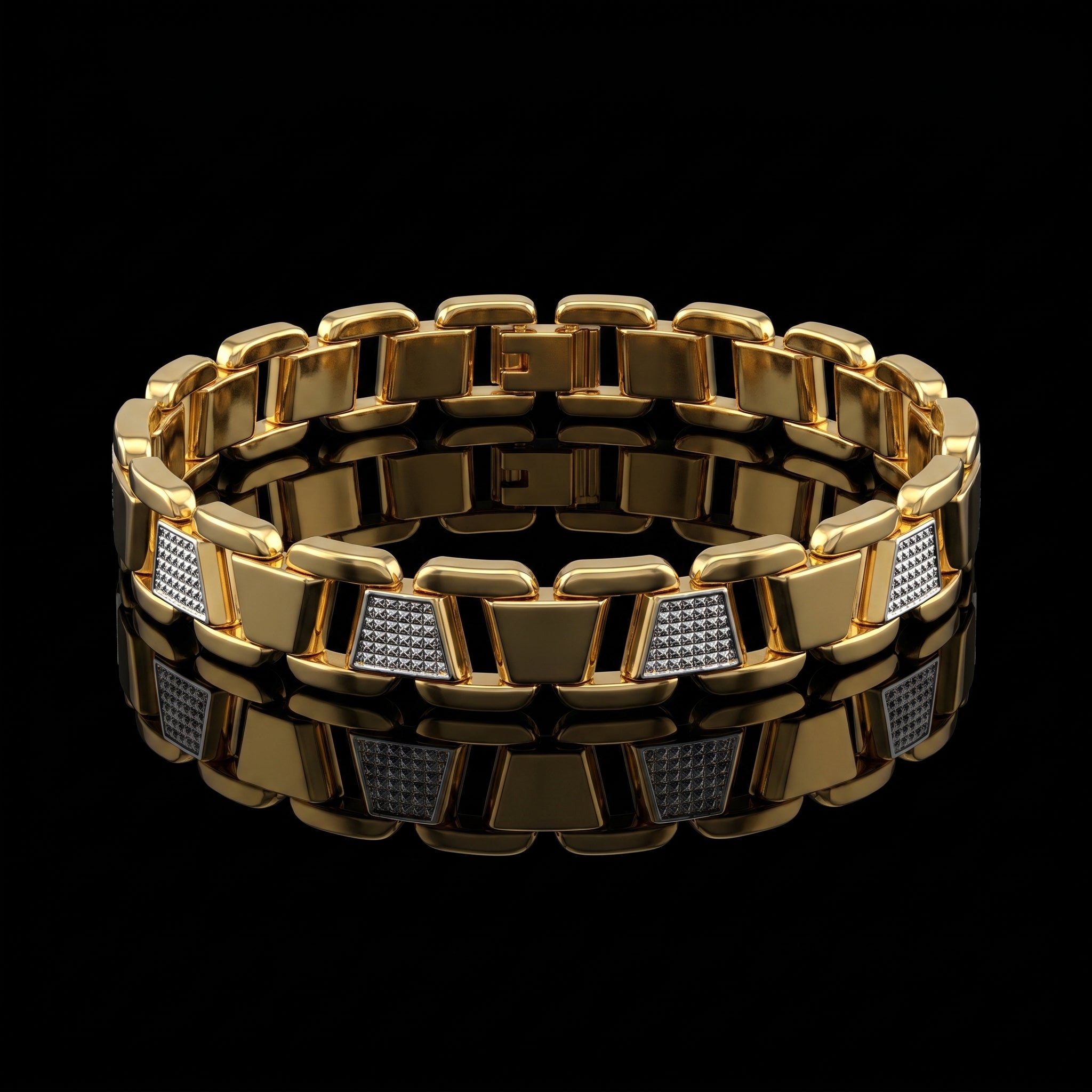 Luxury Gold-Tone with Iced Accent Links Bracelet, Length 8 inch | Width 12 mm | Weight 43 gram