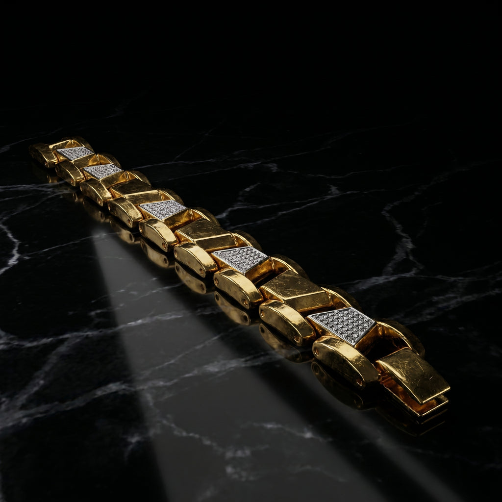 Luxury Gold-Tone with Iced Accent Links Bracelet, Length 8 inch | Width 12 mm | Weight 43 gram