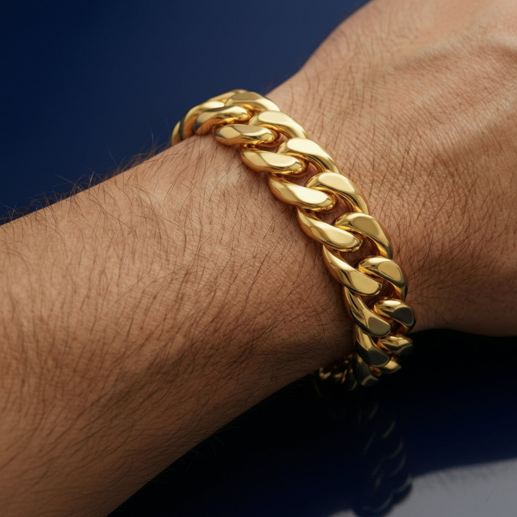 Cuban Chain Bracelet 24k Real Gold Plated, Width 10.5 mm & Length 8.5" Inches.