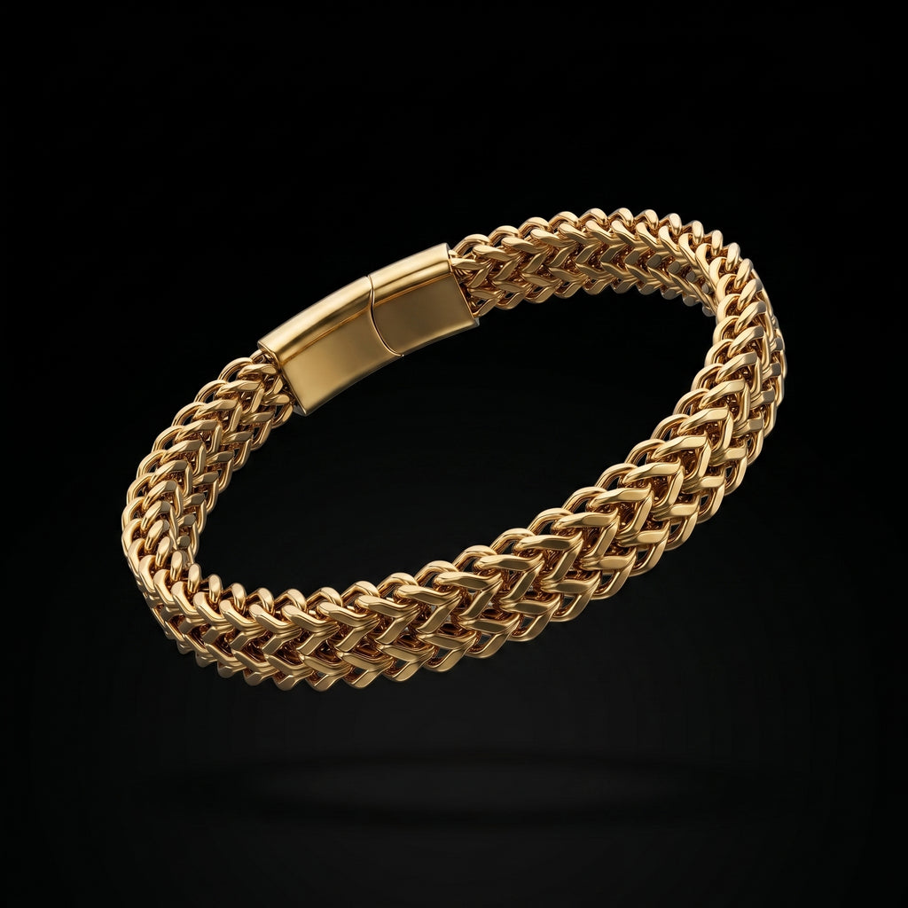 Aurev MEN Gold Plated Stainless Steel Dual Link Chain Bracelet with Magnetic Lock  | Length: 8.5 Inch, Width: 9 mm