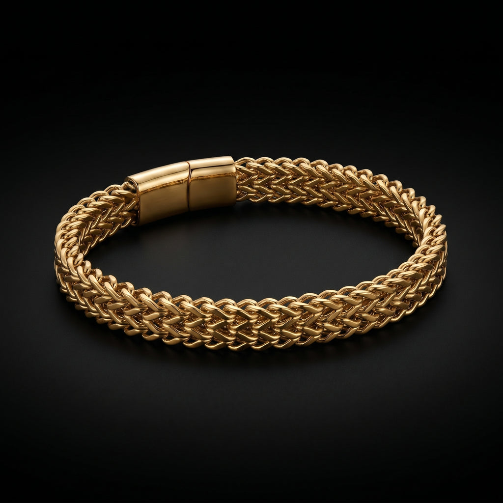 Aurev MEN Gold Plated Stainless Steel Dual Link Chain Bracelet with Magnetic Lock  | Length: 8.5 Inch, Width: 9 mm