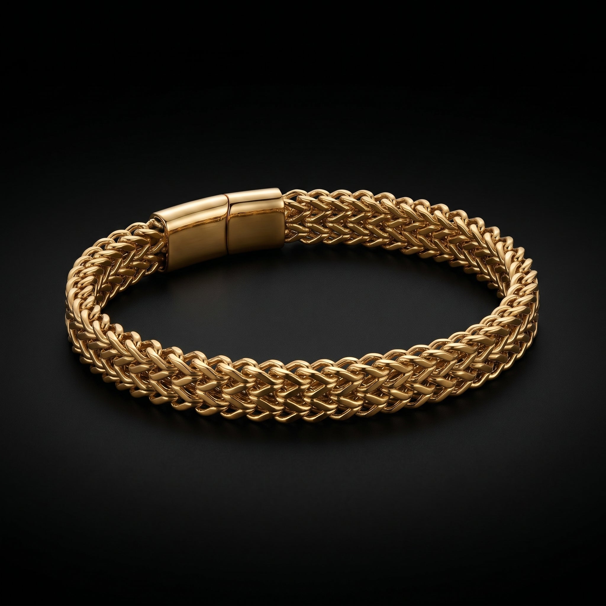 Aurev MEN Gold Plated Stainless Steel Dual Link Chain Bracelet with Magnetic Lock  | Length: 8.5 Inch, Width: 9 mm