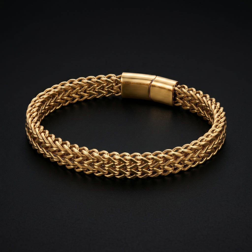 Aurev MEN Gold Plated Stainless Steel Dual Link Chain Bracelet with Magnetic Lock  | Length: 8.5 Inch, Width: 9 mm