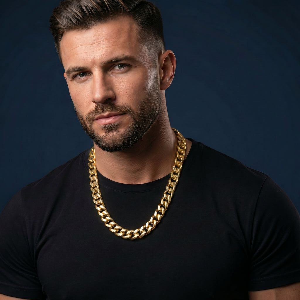 Aurev MEN Brass gold cuban necklace for men, 22 inch length & 8 mm width