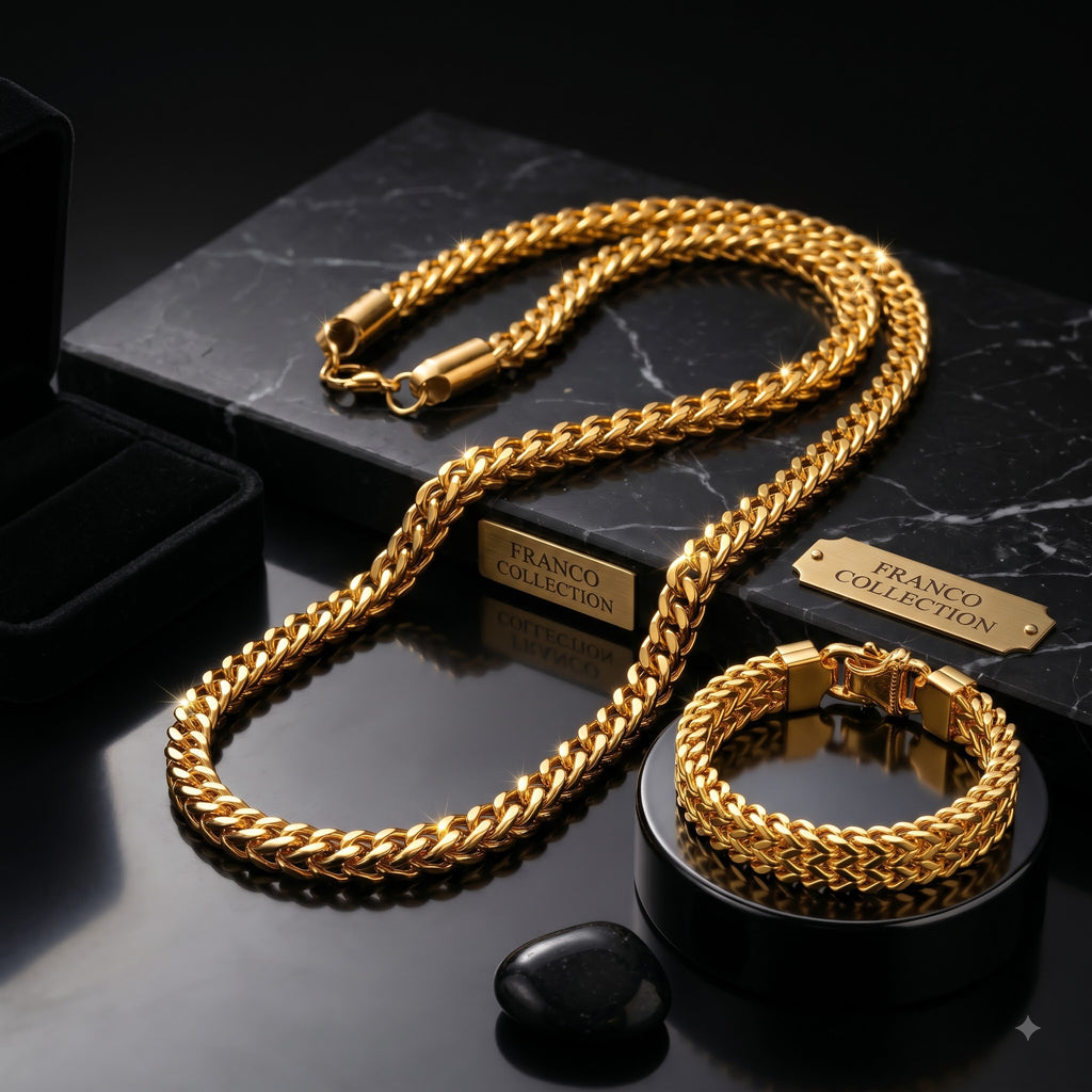 Cuban Link Chain and Weave Gold-Tone Bracelet combo