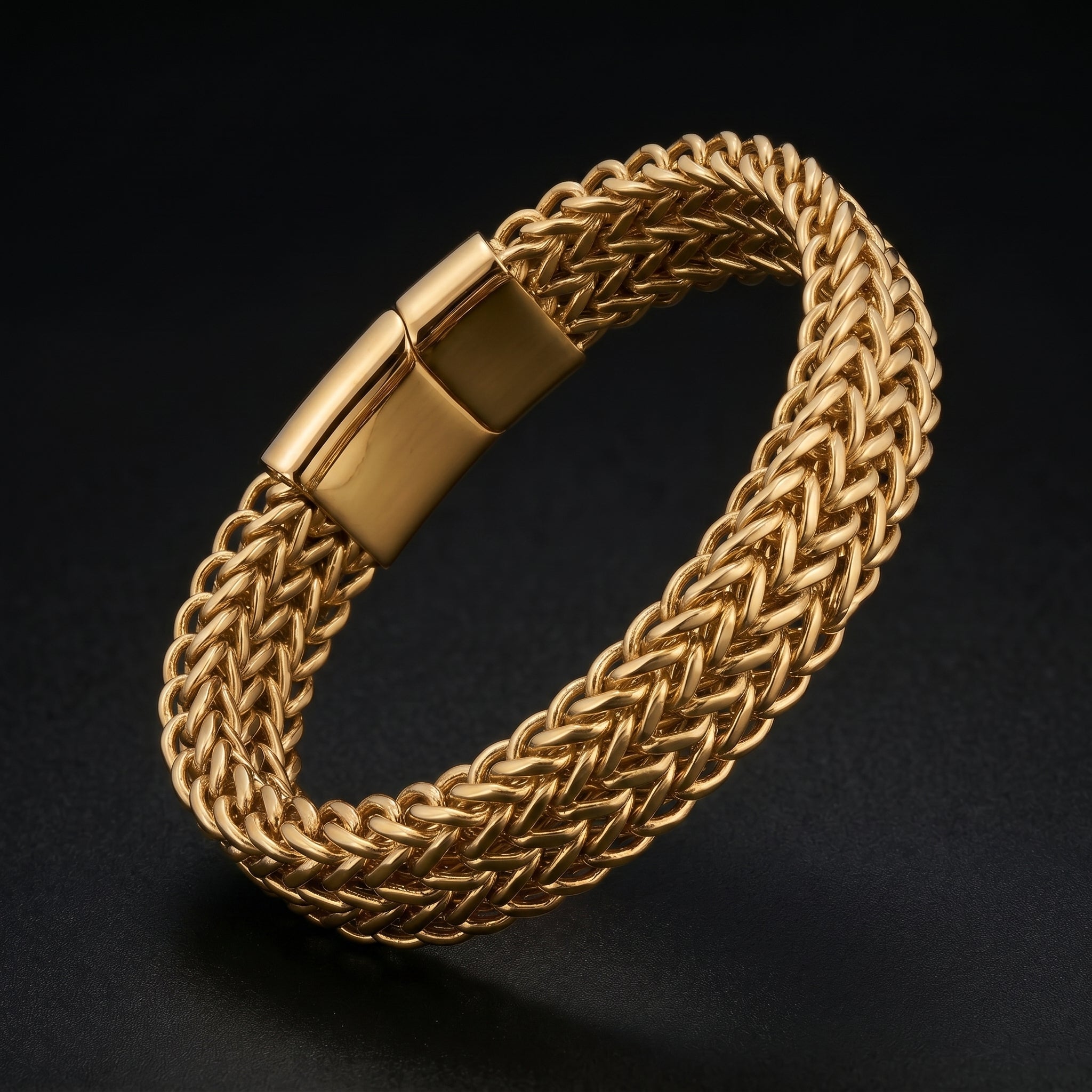 Aurev MEN Gold Plated Stainless Steel Dual Link Chain Bracelet with Magnetic Lock  | Length: 8.5 Inch, Width: 9 mm